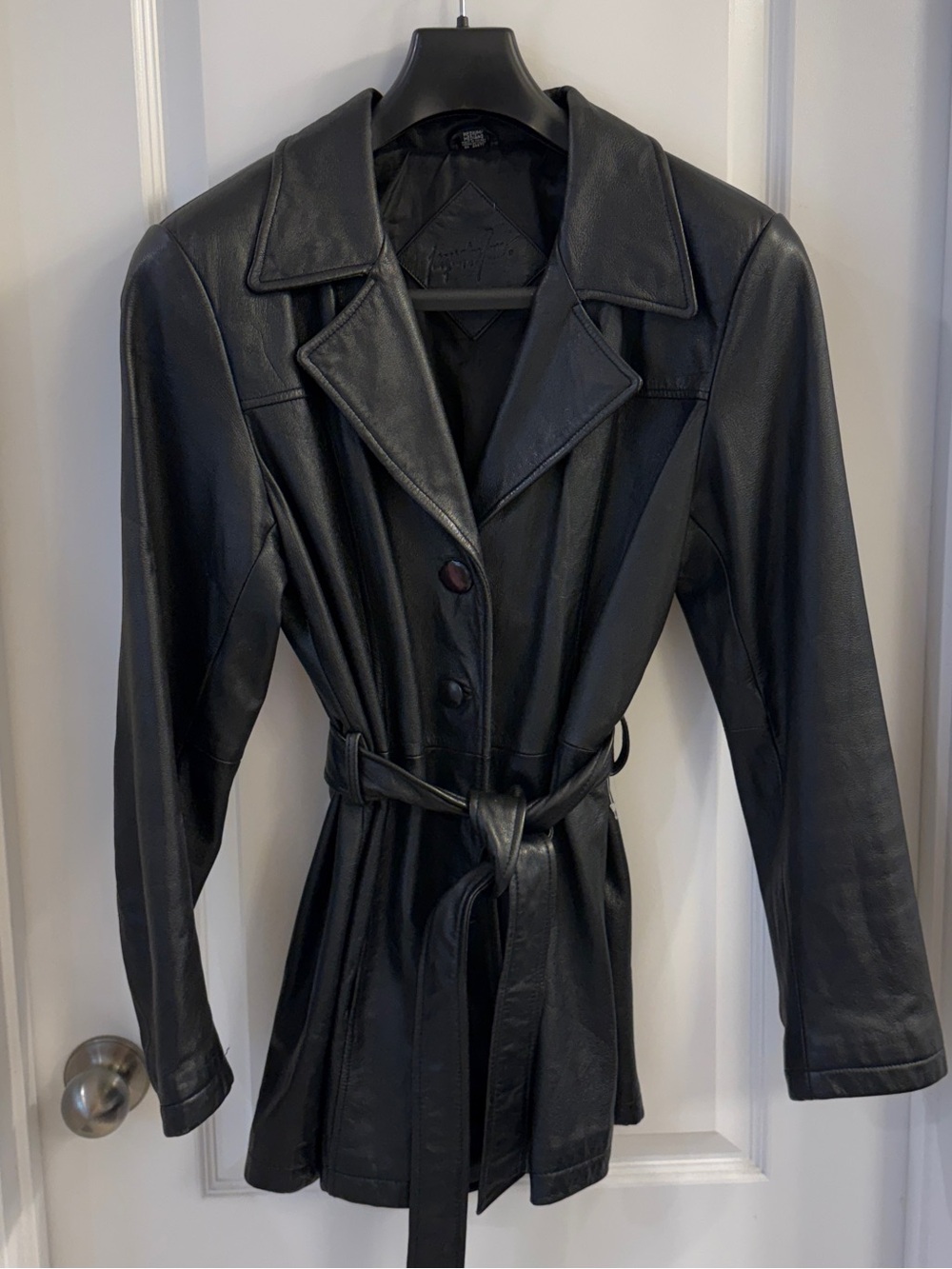 Vintage Jacqueline Ferrar Black Leather Jacket Belted Trench Coat Y2K 90s - Picture 3 of 16